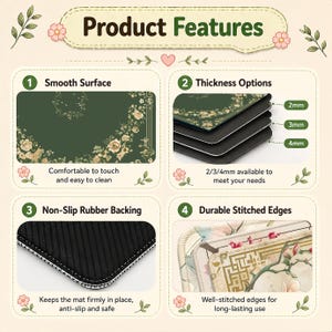 May include: An image showcasing product features of a mat. The mat has a smooth surface, thickness options of 2mm, 3mm, and 4mm, non-slip rubber backing, and durable stitched edges. The mat features a floral design.