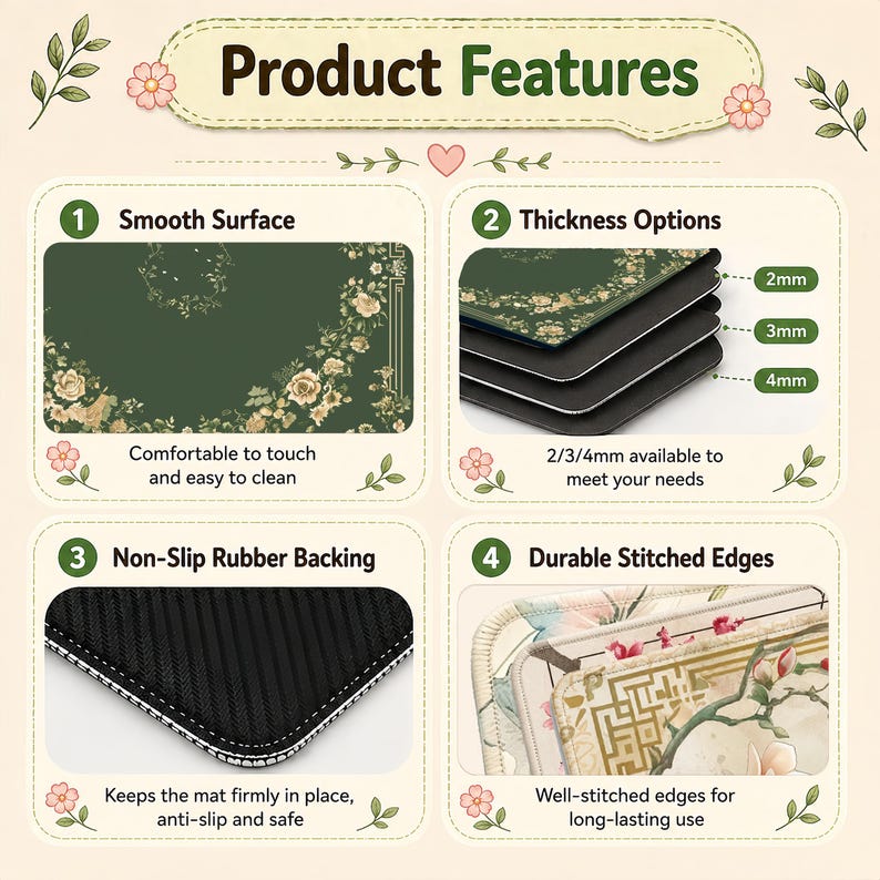 May include: An image showcasing product features of a mat. The mat has a smooth surface, thickness options of 2mm, 3mm, and 4mm, non-slip rubber backing, and durable stitched edges. The mat features a floral design.
