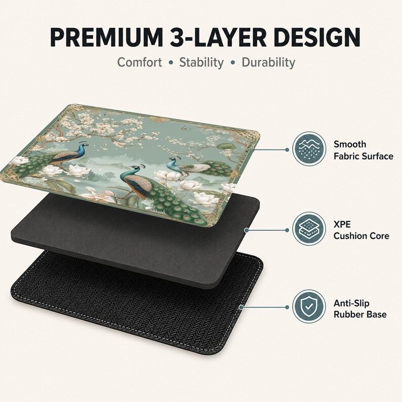 May include: A rectangular desk mat with a premium 3-layer design featuring a smooth fabric surface with a green peacock and floral print, an XPE cushion core, and an anti-slip rubber base. The text reads Premium 3-Layer Design, Comfort, Stability, Durability.