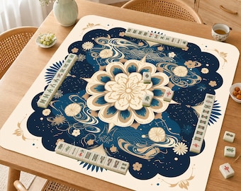 Mahjong Mat, Navy Blue Mandala Mah Jongg Mat, Oriental Floral Game Table Mat, Luxury Mahjong Gift,Art Deco Lotus