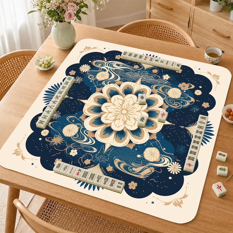 May include: A square mahjong mat featuring a central cream and blue lotus flower design surrounded by dark blue swirling patterns and floral motifs. The mat is laid on a wooden table with rows of white mahjong tiles arranged along the edges.