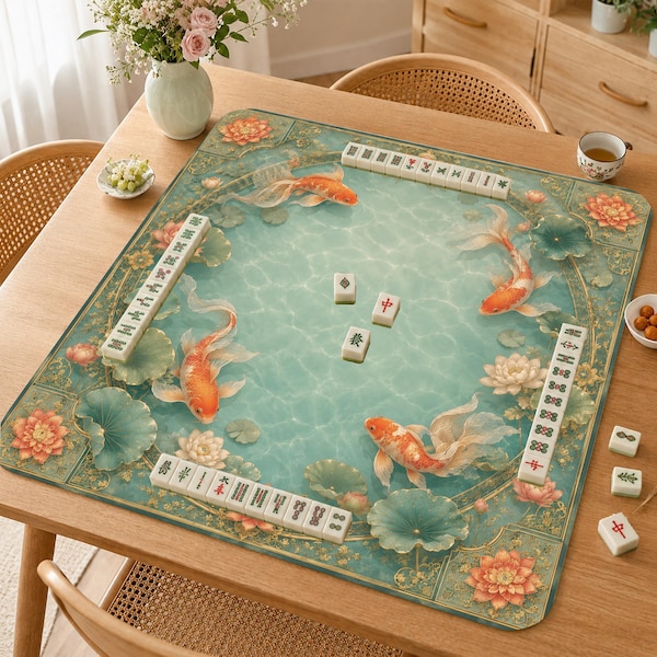 Mahjong Mat, Aqua Lotus Pond Mah Jongg Table Mat, Elegant Chinoiserie Game Mat, Gift for Mahjong Lovers,Golden Koi