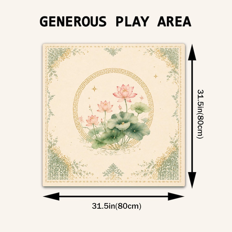 May include: A square play mat featuring a central circular frame with a Greek key pattern enclosing pink lotus flowers and green lily pads. The cream-colored mat has decorative green floral corners and measures 31.5 inches by 31.5 inches.