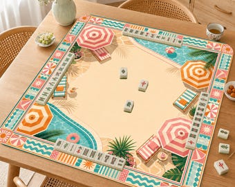 Mahjong Mat – Vintage Beach Resort Mahjong Playmat,Gift for Mahjong & Board Game Lovers,Summer Resort Pool