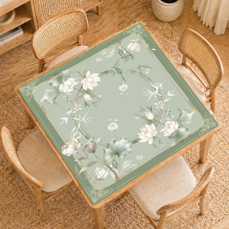 Salvia Lotus Ring Mahjongmatta, Vitt Blommigt Mah Jongg-bordsöverdrag, Halkfri Roll-Up-spelmatta, Elegant Gåva bild 2