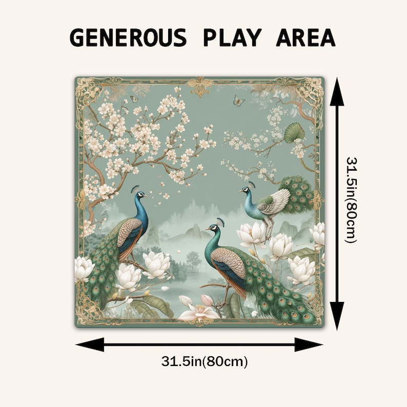 May include: A square play mat featuring a green background with three peacocks, white lotus flowers, and cherry blossom branches. The text "GENEROUS PLAY AREA" is at the top. Arrows indicate dimensions of 31.5 inches by 31.5 inches.