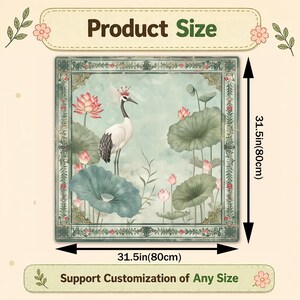 May include: Square decorative art piece featuring a crane, lotus flowers, and lily pads in a serene, watercolor style. The artwork is framed with a decorative border and measures 31.5 inches (80cm) on each side. The text "Product Size" is at the top.