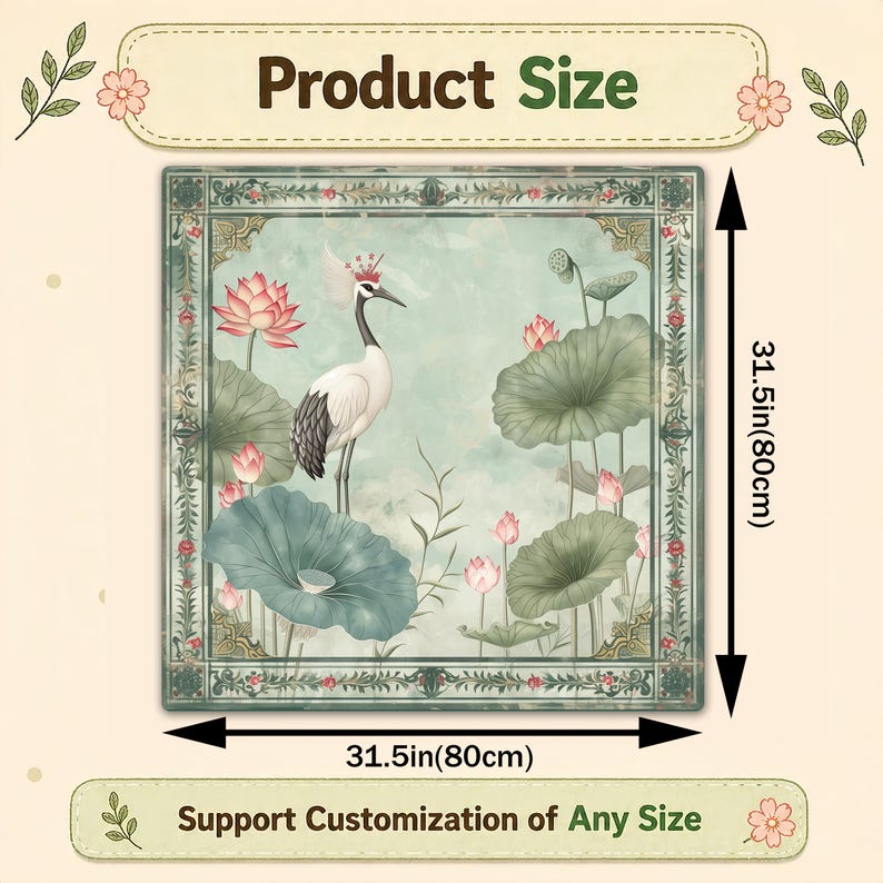 May include: Square decorative art piece featuring a crane, lotus flowers, and lily pads in a serene, watercolor style. The artwork is framed with a decorative border and measures 31.5 inches (80cm) on each side. The text "Product Size" is at the top.