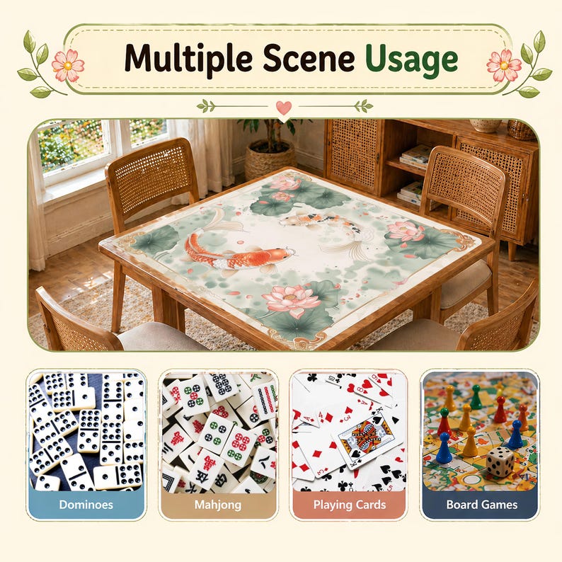 May include: A wooden table with a decorative overlay featuring koi carp and lotus flowers. The image includes examples of how the table can be used for games like dominoes, mahjong, playing cards, and board games. The text reads "Multiple Scene Usage."