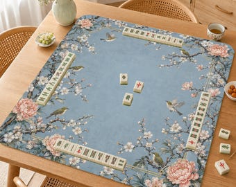 Mahjong Mat, Blue Floral Mah Jongg Table Mat, Elegant Blossom Game Mat, Gift for Mahjong Lovers,Chinoiserie Bird