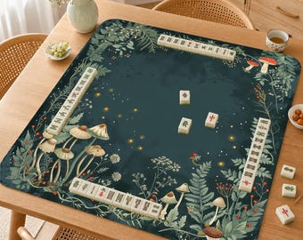 Tapis de mahjong avec champignons et lucioles, surface de jeu de mah-jong boisé sombre, tapis cadeau antidérapant, lueur de forêt fourragère