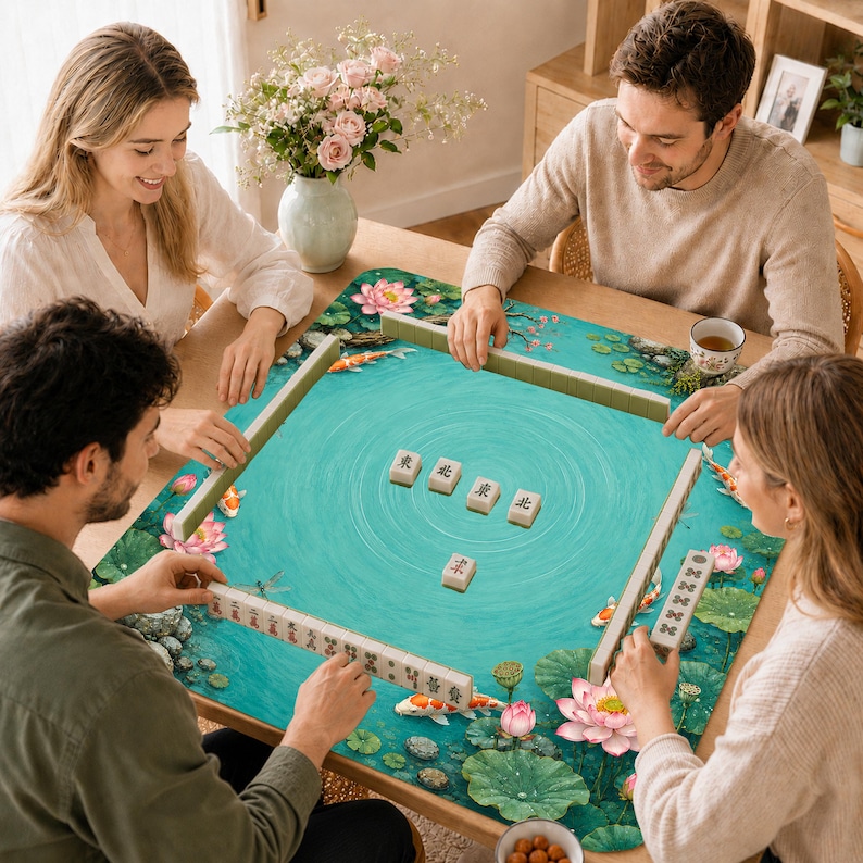 K&ouml;nnte beinhalten: Eine quadratische Mahjong-Matte mit einer t&uuml;rkisfarbenen Wasseroberfl&auml;che, Koi-Fischen, rosa Lotusbl&uuml;ten und Seerosen. Die Matte zeigt f&uuml;nf Mahjong-Steine in der Mitte und vier Ablageleisten an den R&auml;ndern, die jeweils elfenbeinfarbene Steine halten.