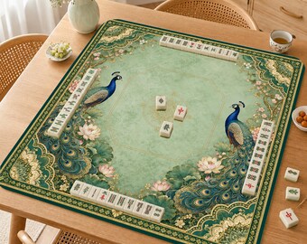 Mahjong Mat, Chinoiserie Peacock Mahjong Mat, Sage Green Mah Jongg Table Mat, Elegant Asian Floral Game Mat