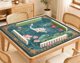 Tapis de mahjong, tapis de table de mahjong chinoiseries élégantes, tapis de table de mah-jong, accessoires de mahjong, napperon de cadeaux, étang de lotus grue sarcelle
