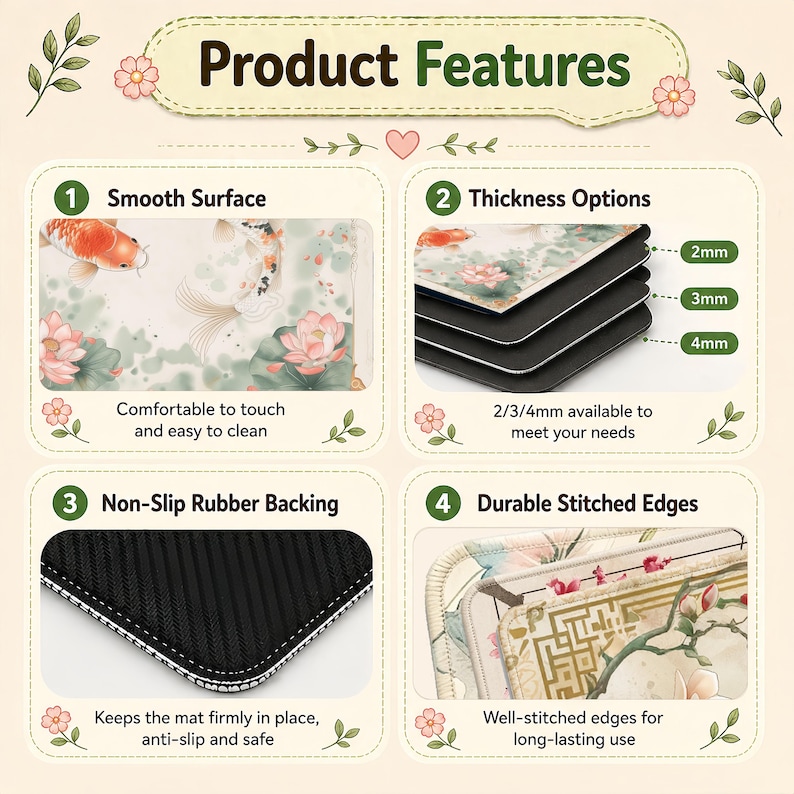 May include: Product features of a decorative mouse mat with a koi carp and lotus flower design. The mat has a smooth surface, non-slip rubber backing, and durable stitched edges. Thickness options are 2mm, 3mm, and 4mm.