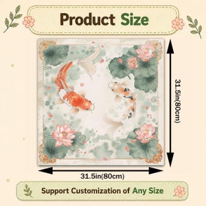 May include: Square decorative art piece featuring two koi carp in a pond with lotus flowers and leaves. The artwork is 80cm on each side. The product size is displayed with the text "Product Size" and "Support Customization of Any Size".