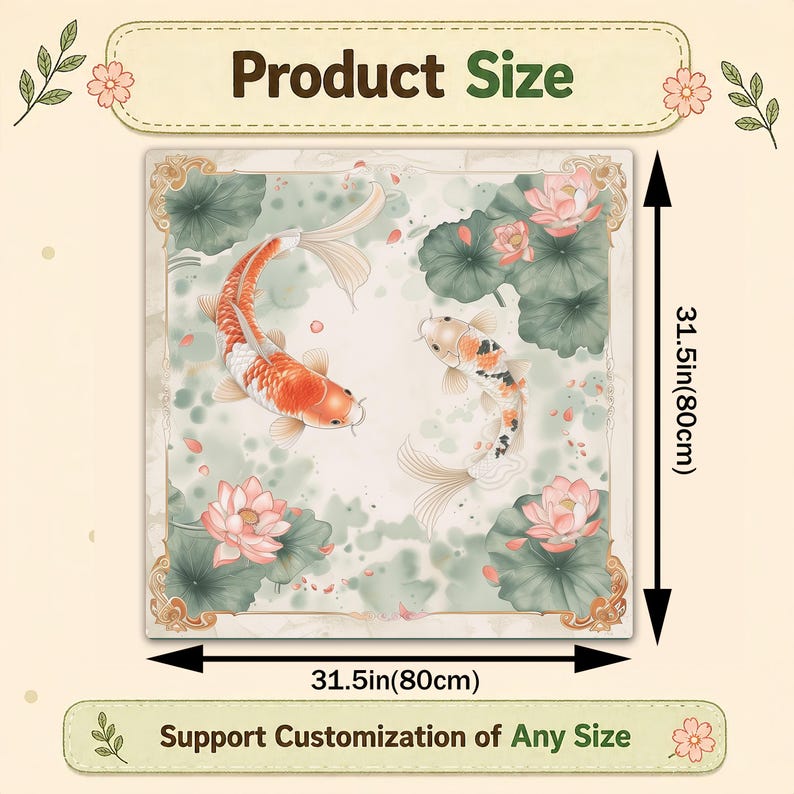May include: Square decorative art piece featuring two koi carp in a pond with lotus flowers and leaves. The artwork is 80cm on each side. The product size is displayed with the text "Product Size" and "Support Customization of Any Size".
