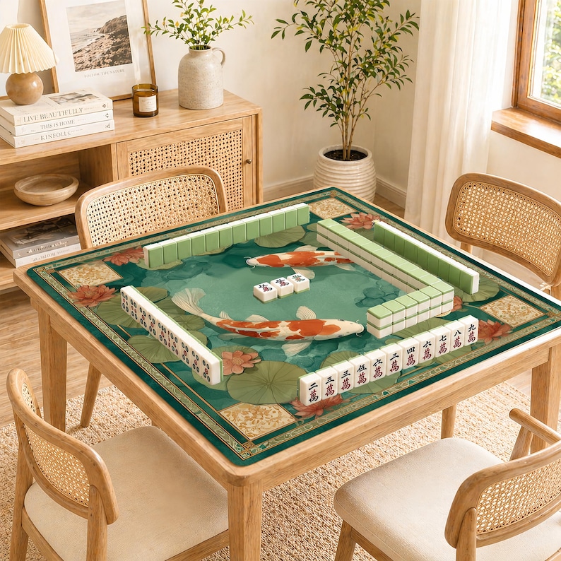 May include: A wooden table set for a game of Mahjong. The green playing surface features koi fish, lotus flowers, and Chinese characters. The game pieces are green and white. Four rattan chairs surround the table.