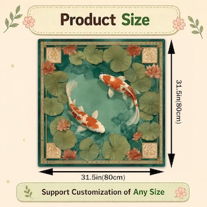 May include: Square rug with a koi pond design. The rug features two orange and white koi fish swimming in a teal pond with lily pads and lotus flowers. The rug measures 31.5 inches (80cm) on each side. The text "Product Size" and "Support Customization of Any Size" are displayed.