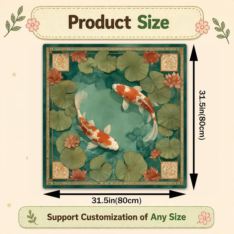 May include: Square rug with a koi pond design. The rug features two orange and white koi fish swimming in a teal pond with lily pads and lotus flowers. The rug measures 31.5 inches (80cm) on each side. The text "Product Size" and "Support Customization of Any Size" are displayed.