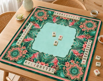 Mahjong Mat, Green Floral Mah Jongg Table Mat, Boho Palm Leaf Game Mat, Gift for Mahjong Lovers,Tropical Botanical