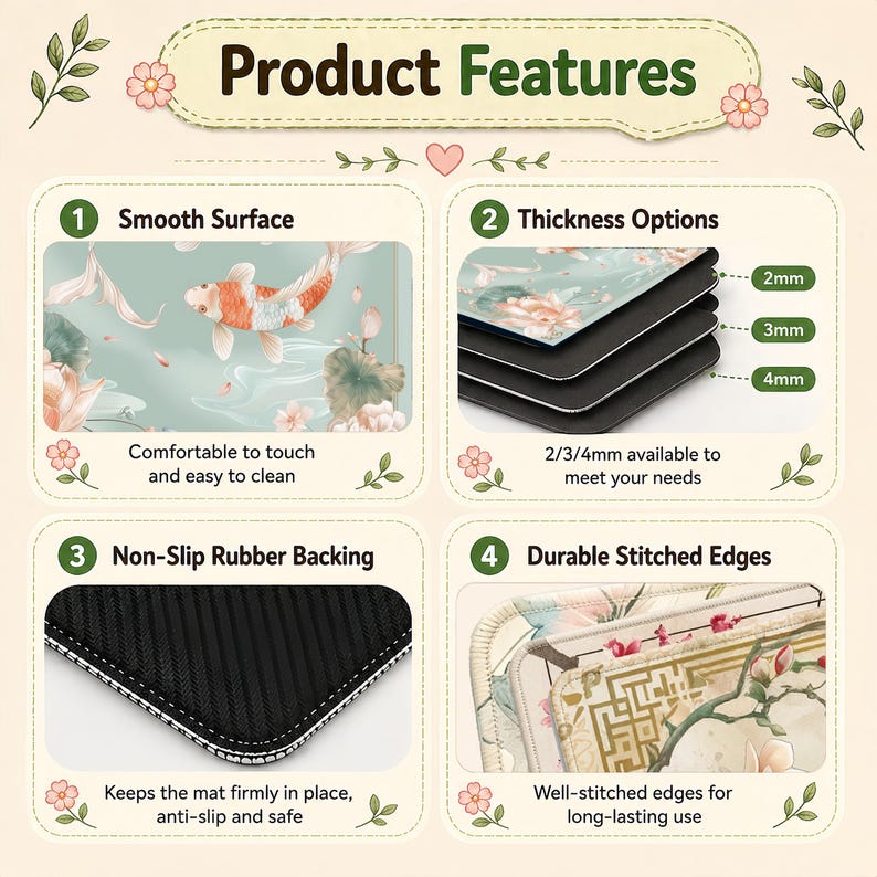 May include: Image showcasing product features: smooth surface, thickness options (2mm, 3mm, 4mm), non-slip rubber backing, and durable stitched edges. The product features a koi fish design and floral patterns.