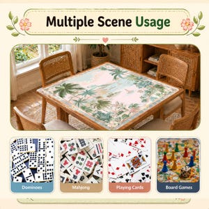 May include: A wooden square table with a tropical landscape design on the tabletop. The image shows the table being used for dominoes, mahjong, playing cards, and board games. The text "Multiple Scene Usage" is at the top.