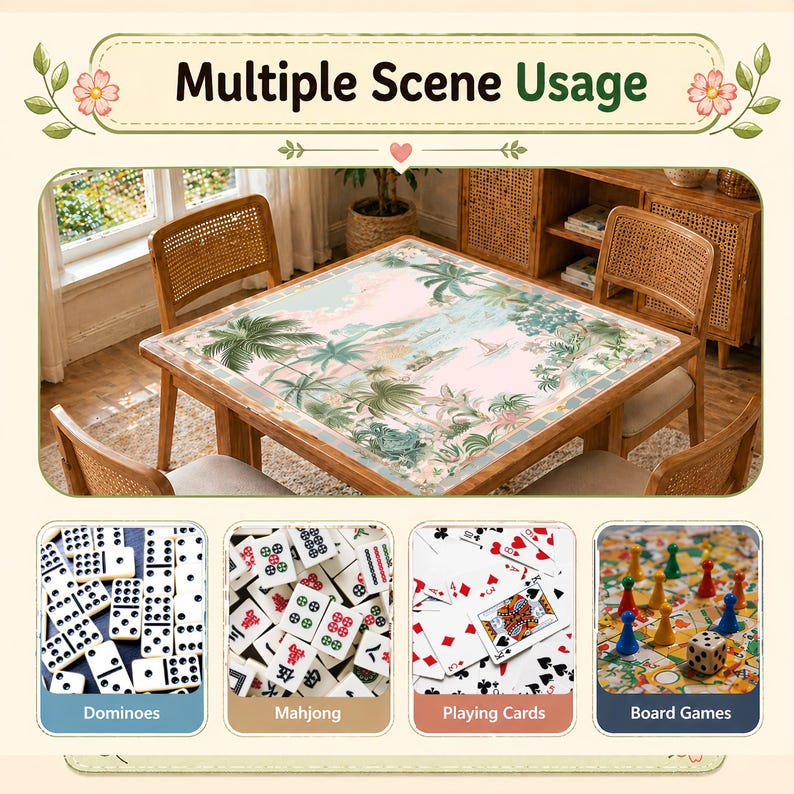 May include: A wooden square table with a tropical landscape design on the tabletop. The image shows the table being used for dominoes, mahjong, playing cards, and board games. The text "Multiple Scene Usage" is at the top.