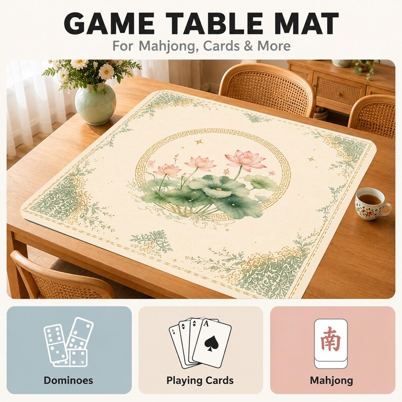 Lotus Bloom Mahjong Mat, Elegant Gold Lotus Mah Jongg Mat, Zen Floral Game Table Mat, Asian Inspired Mahjong Gift image 4