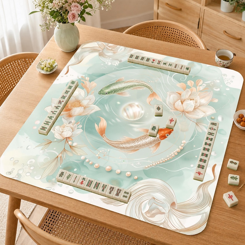 Puede incluir: Una alfombrilla de mahjong cuadrada con un dise&ntilde;o acu&aacute;tico en verde claro y blanco que presenta peces koi, flores de loto y detalles de perlas. La alfombrilla est&aacute; dispuesta con varias fichas de mahjong colocadas en los bordes y el centro.