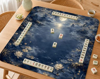 Mahjong Mat, Blue Gold Lotus Night Landscape Table Mat for Board Games, Gift for Mahjong & Board Game Lovers,Moonlit Lotus Lake