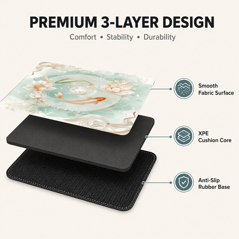 Puede incluir: Una alfombrilla de rat&oacute;n rectangular con dise&ntilde;o de 3 capas, que presenta una superficie de tela suave con estampado de peces koi y flores de loto, un n&uacute;cleo de coj&iacute;n XPE y una base de goma antideslizante. El texto dice Premium 3-Layer Design, Comfort, Stability, Durability.