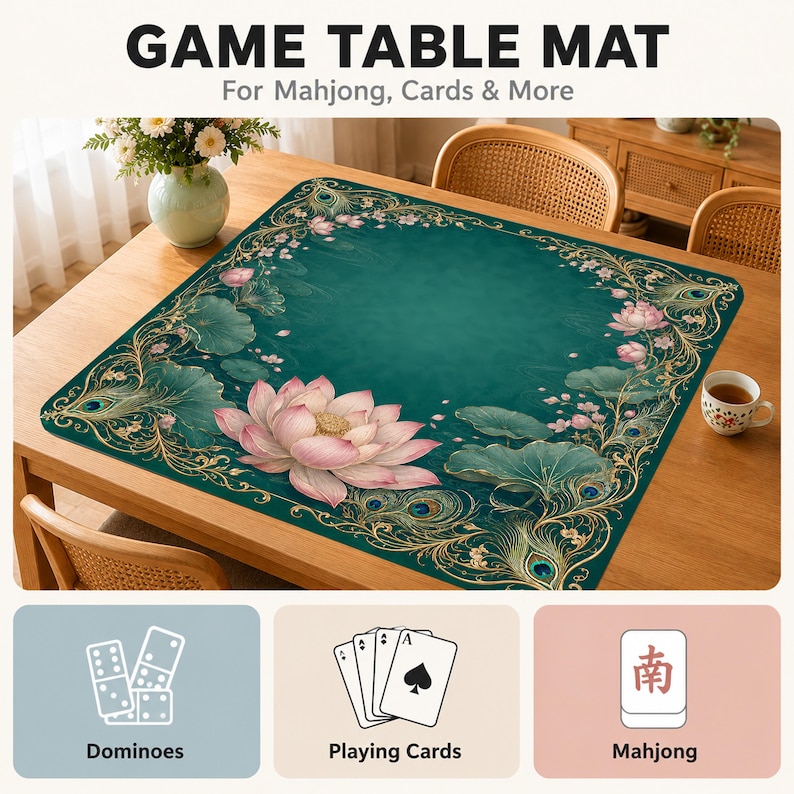 Op de afbeelding: Een vierkante speeltafelmat met een diepblauwe achtergrond, een grote roze lotusbloem, groene waterleliebladeren en gouden pauwenveeraccenten. De tekst luidt GAME TABLE MAT For Mahjong, Cards & More, met iconen voor dominostenen, speelkaarten en mahjong.