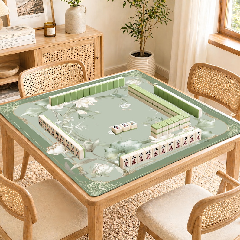 Salvia Lotus Ring Mahjongmatta, Vitt Blommigt Mah Jongg-bordsöverdrag, Halkfri Roll-Up-spelmatta, Elegant Gåva bild 1