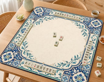 Blue Tile Mahjong Mat, Mediterranean Floral Mah Jongg Table Mat, Elegant Ceramic Pattern Game Mat, Gift for Mahjong Lovers