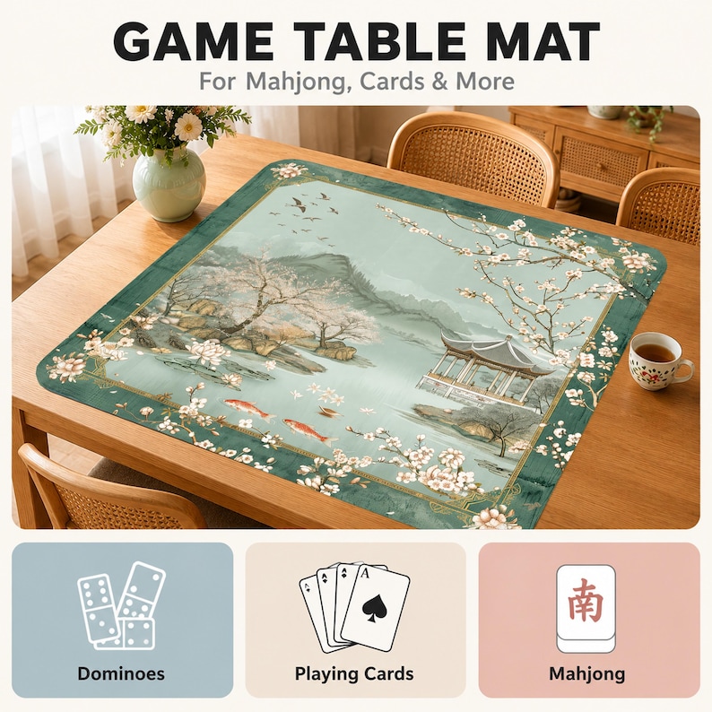 May include: A rectangular game table mat featuring a printed landscape with a pavilion, cherry blossoms, and koi fish. The text GAME TABLE MAT For Mahjong, Cards & More is visible, along with icons for dominoes, playing cards, and mahjong tiles.