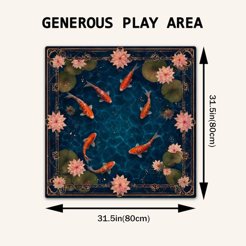 May include: A square mat with a koi pond design. The mat features orange koi fish swimming in blue water, surrounded by pink lotus flowers and green lily pads. The mat measures 80cm on each side, with the text "GENEROUS PLAY AREA" at the top.