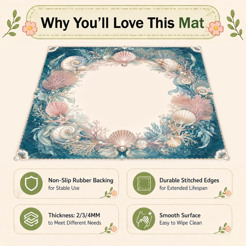 May include: A rectangular mat with a sea-themed design, featuring seashells, coral, and aquatic plants in shades of blue, pink, and white. The mat has a non-slip rubber backing, durable stitched edges, and a smooth, easy-to-clean surface. The text "Why You'll Love This Mat" is at the top.