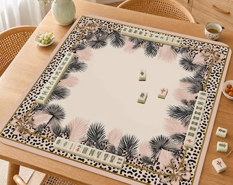 Tapis de mahjong, tapis de mahjong palmier léopard, tapis de mahjong safari chic, tapis de table de jeu feuille tropicale, cadeau de mahjong neutre imprimé animal