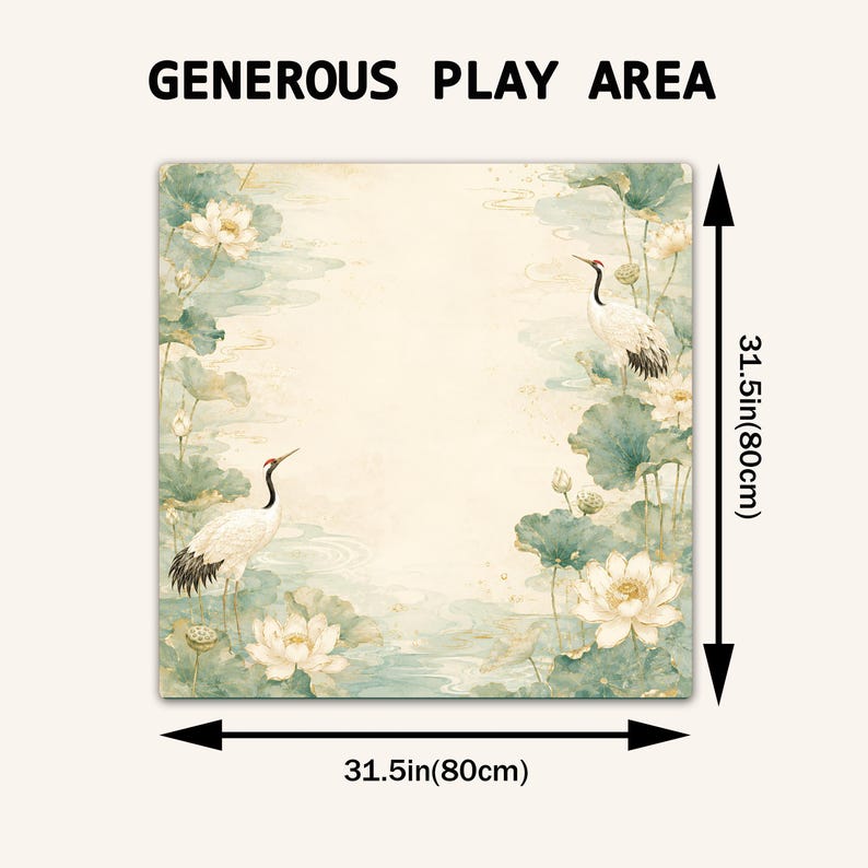 May include: A square play mat featuring a watercolor-style illustration of white cranes and lotus flowers in shades of green and cream. The text 'GENEROUS PLAY AREA' is at the top. It measures 31.5 inches by 31.5 inches as indicated by arrows.