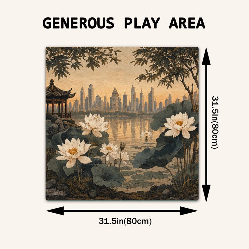May include: A square play mat featuring a landscape illustration of white lotus flowers in a pond with a pagoda and city skyline in the background. The text 'GENEROUS PLAY AREA' is at the top. It measures 31.5 inches by 31.5 inches.