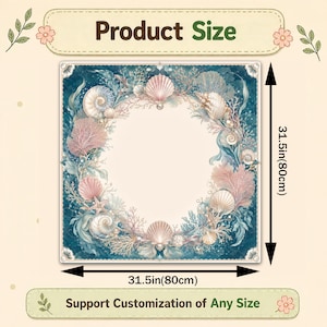 May include: Square decorative item with a sea-themed design. The artwork features seashells, coral, and seaweed in shades of pink, beige, and teal, arranged around a central open space. The item measures 31.5 inches (80cm) on each side. Text reads "Product Size" and "Support Customization of Any Size."