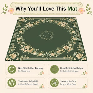 May include: A green mat with a floral design and the text "Why You'll Love This Mat". The mat features a non-slip rubber backing, durable stitched edges, and a smooth surface. Thickness options are 2/3/4MM.