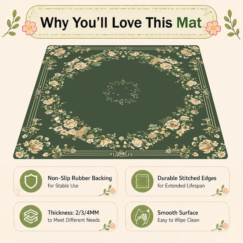 May include: A green mat with a floral design and the text "Why You'll Love This Mat". The mat features a non-slip rubber backing, durable stitched edges, and a smooth surface. Thickness options are 2/3/4MM.