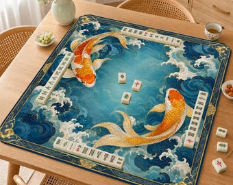 Mahjong Mat, Japanese Wave Mah Jongg Table Mat, Blue Ocean Game Mat, Gift for Mahjong Lovers,Golden Koi