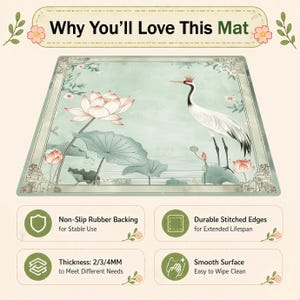 May include: Rectangular mat with a serene design featuring a crane, lotus flowers, and lily pads in shades of green, pink, and white. The mat has a decorative border and the text "Why You'll Love This Mat". It has non-slip rubber backing, durable stitched edges, and a smooth surface.