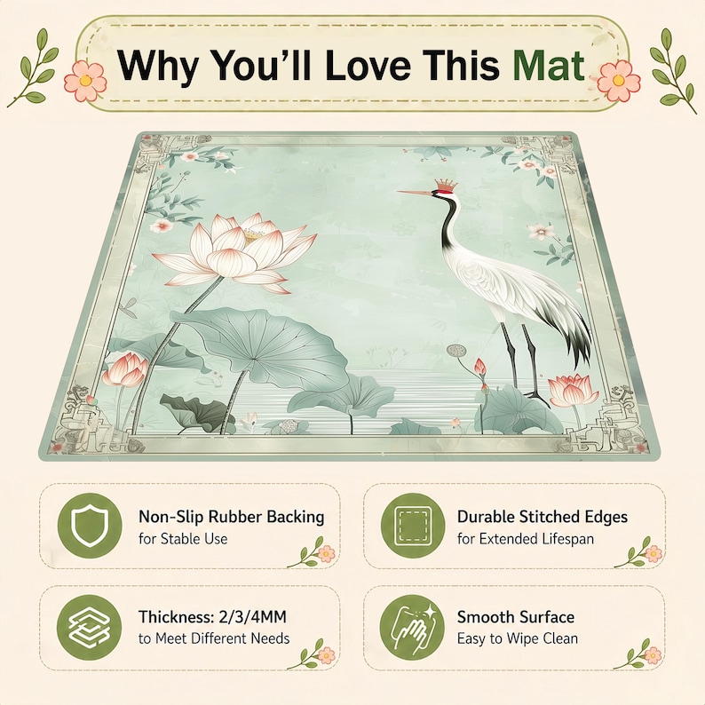May include: Rectangular mat with a serene design featuring a crane, lotus flowers, and lily pads in shades of green, pink, and white. The mat has a decorative border and the text "Why You'll Love This Mat". It has non-slip rubber backing, durable stitched edges, and a smooth surface.
