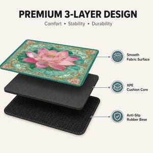 May include: A rectangular desk mat with a premium 3-layer design featuring a pink lotus flower on a teal background. The layers include a smooth fabric surface, an XPE cushion core, and an anti-slip rubber base with a textured herringbone pattern.