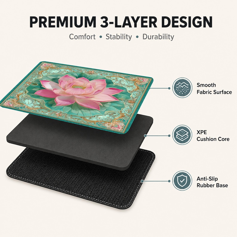 May include: A rectangular desk mat with a premium 3-layer design featuring a pink lotus flower on a teal background. The layers include a smooth fabric surface, an XPE cushion core, and an anti-slip rubber base with a textured herringbone pattern.