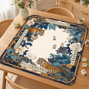 Tiger Peony Mahjong-matta, blå Chinoiserie Mah Jongg-matta, orientalisk tigerspelmatta, lyxig Mahjong-present